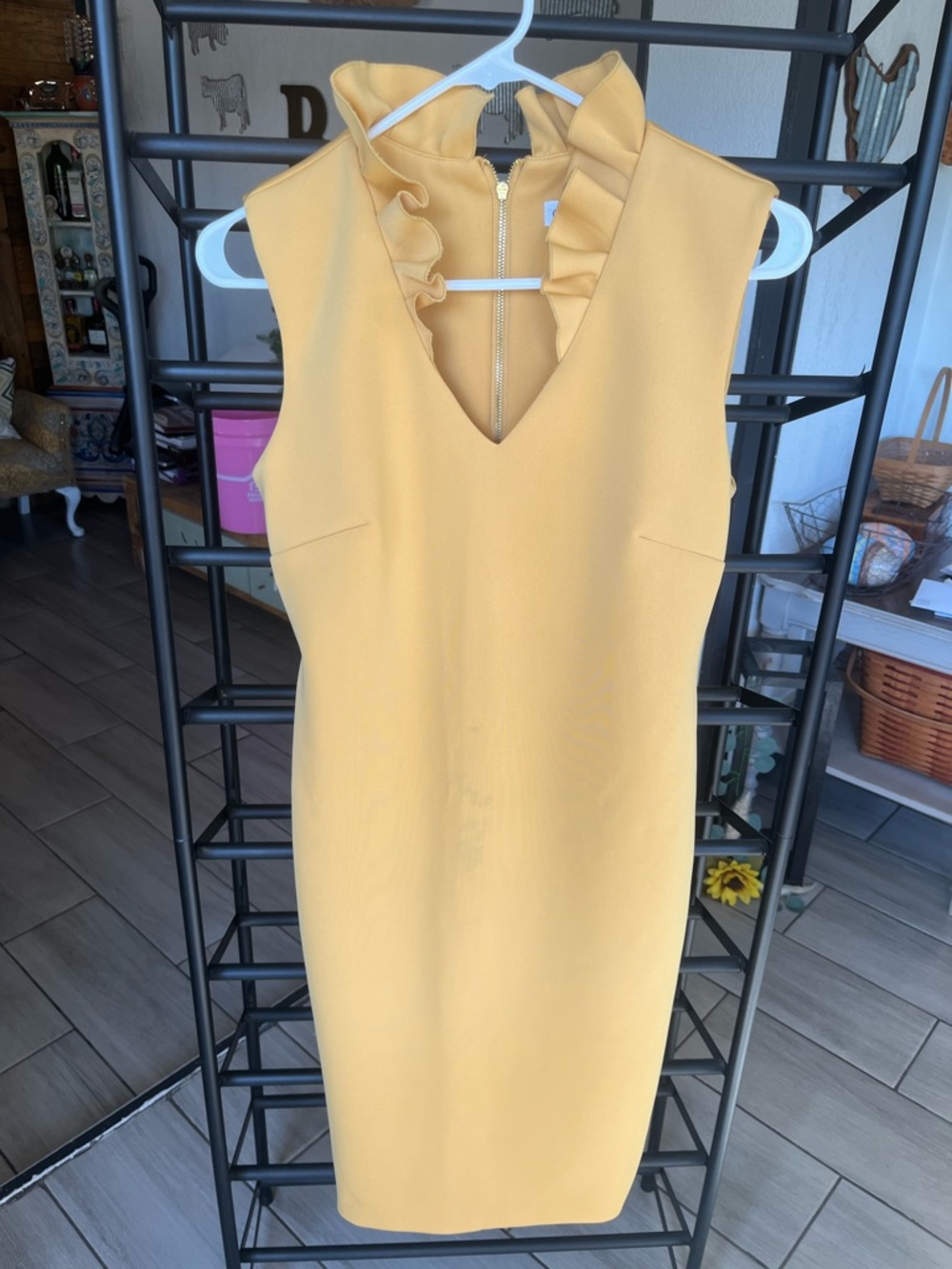 Calvin Klein Yellow Ruffle Neck Midi Sheath Dress